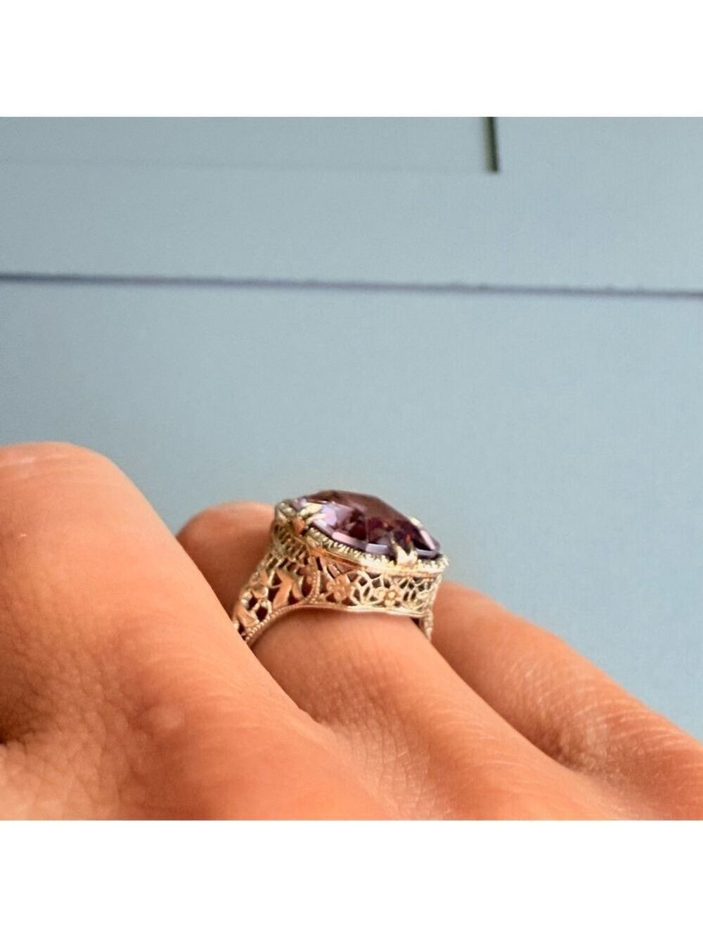 Estate 14K White Gold Antique Art Deco 5 CT Emerald Cut Amethyst Ring - Picture 4 of 13